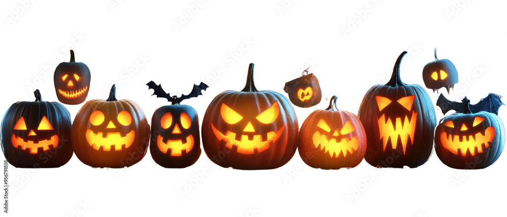 A collection of spooky Halloween pumpkins with glowing faces, perfect for festive decorations and seasonal celebrations. A collection of spooky Halloween pumpkins with glowing faces, perfect for festive decorations and seasonal celebrations.