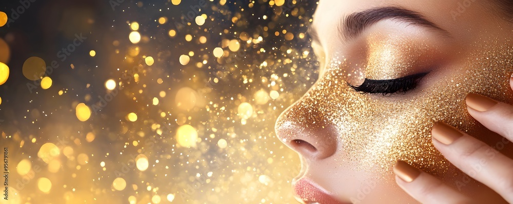 Golden Glitter Makeup and Bokeh Background. Golden Glitter Makeup and Bokeh Background.