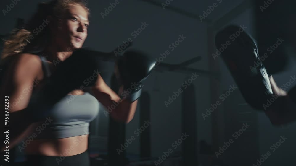 Intense boxing training session with a female athlete in a dark gym setting Intense boxing training session with a female athlete in a dark gym setting