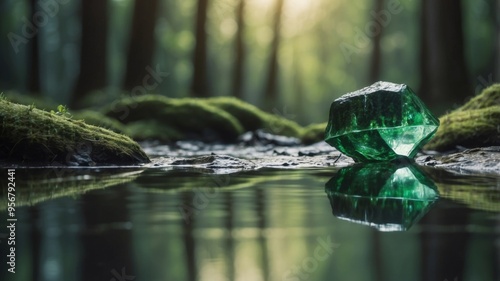 Serene Emerald Forest With Tranquil Reflection in a Crystal Clear Stream. photo