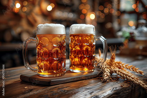 Mugs of beer on a wooden table in a pub, Oktoberfest celebration