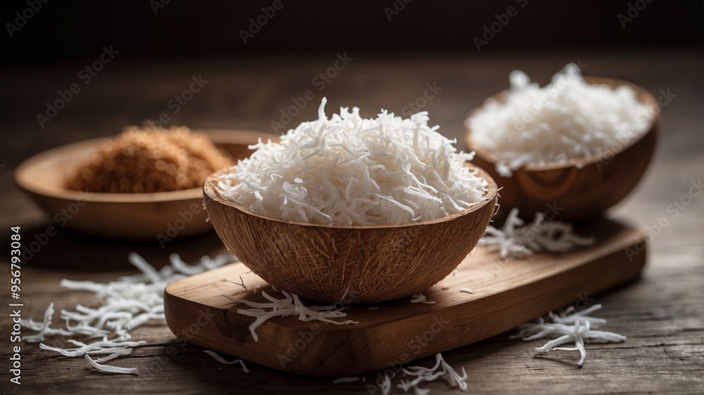 Shredded coconut atop wooden board as well as table. Shredded coconut atop wooden board as well as table.