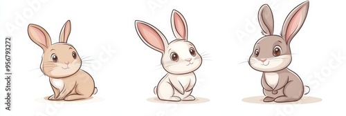 Adorable cartoon rabbits in a doodle style on a white isolated background