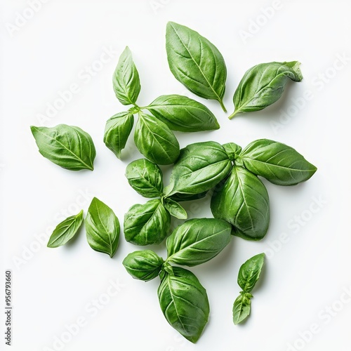 Fresh green basil leaves scattered on a white background.