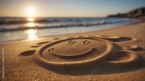 Smiley face drawn in sand on beach with sun and waves in background.