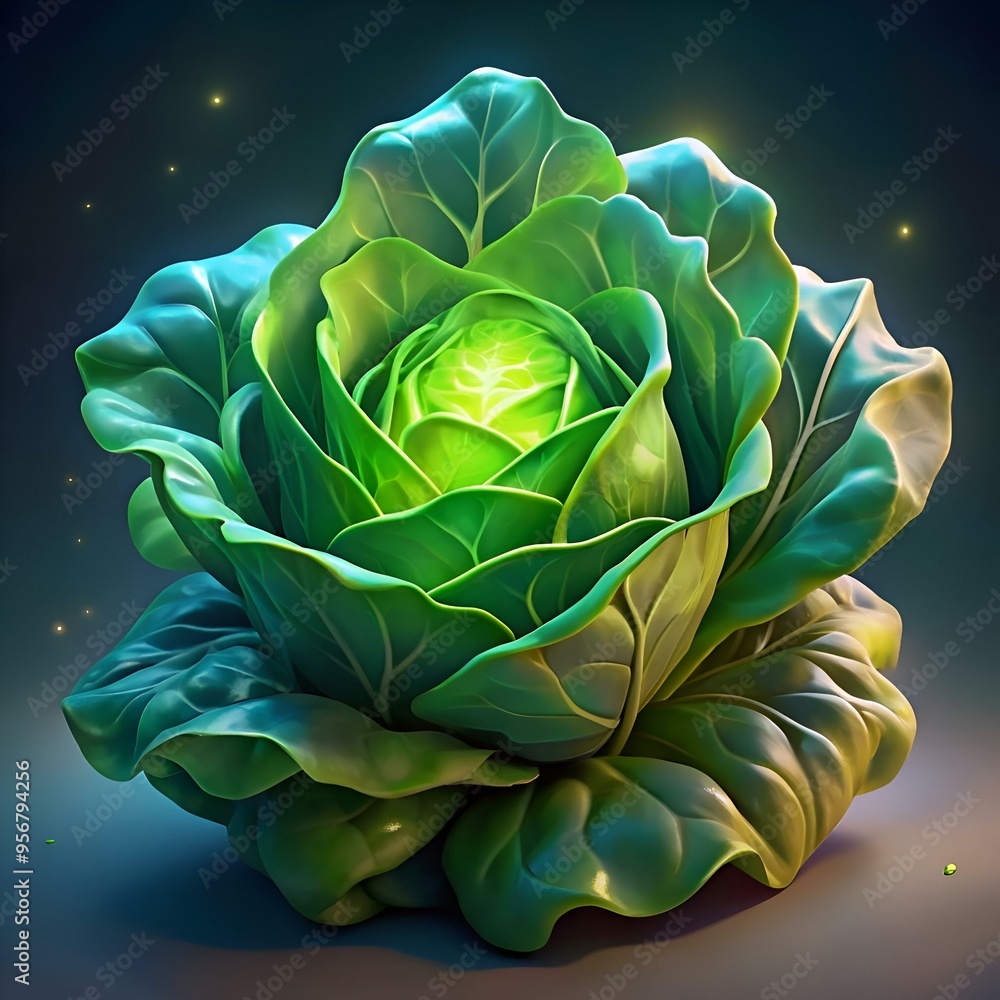 Obraz premium A vibrant 3D illustration of a lettuce. with a focus on its intricate leaf structure.