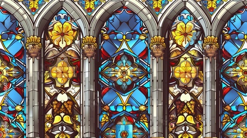 A seamless pattern background of stained glass windows with traditional religious imagery in a vivid color palette of blues, golds, and reds. photo