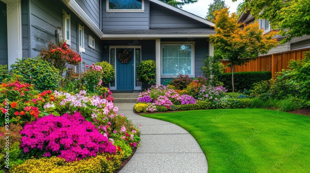 Beautiful house facade with a colorful front yard garden, featuring blooming flowers and a neat concrete walkway, creating a welcoming curb appeal. - Beautiful house facade with a colorful front yard garden, featuring blooming flowers and a neat concrete walkway, creating a welcoming curb appeal. -