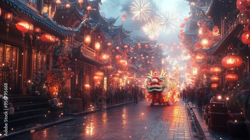 A vibrant scene of a Chinese New Year celebration featuring a dragon dance amidst festive decorations and fireworks.