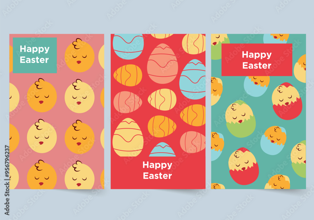 Easter compositions concept in the flat cartoon design. Three charming Easter cards, each with a unique design, a cards with sleeping chickens, a card with colorful Easter eggs. Vector illustration. Easter compositions concept in the flat cartoon design. Three charming Easter cards, each with a unique design, a cards with sleeping chickens, a card with colorful Easter eggs. Vector illustration.