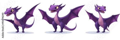 Cute purple cartoon pterodactyl trio in doodle style on white background photo