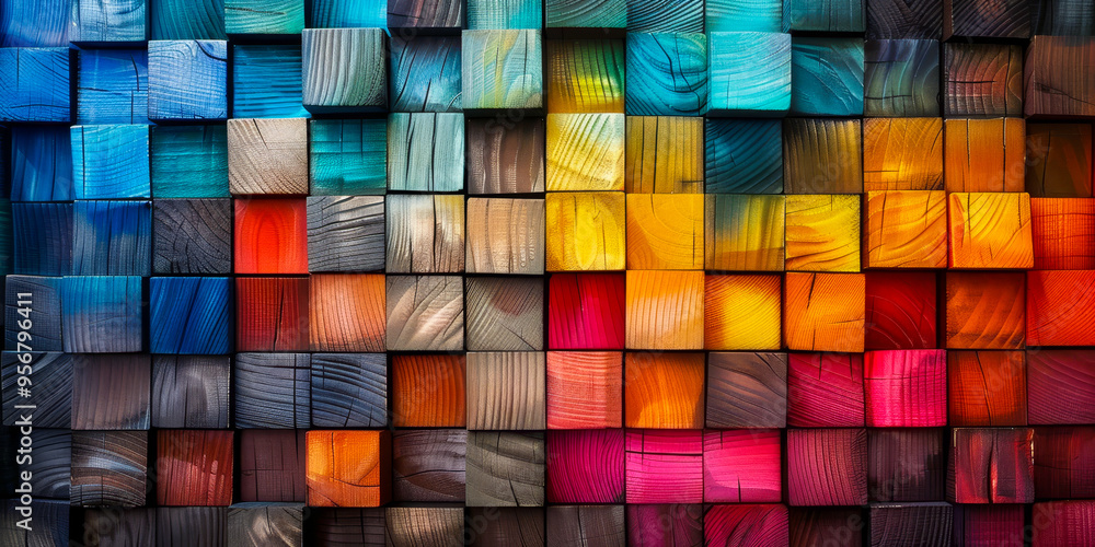 Vibrant Pattern of Rainbow-Colored Wooden Blocks in Abstract Alignment Vibrant Pattern of Rainbow-Colored Wooden Blocks in Abstract Alignment