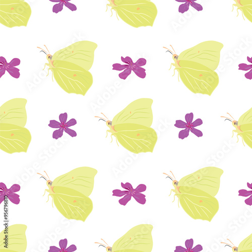 Vector illustration with yellow butterflies and pink flowers