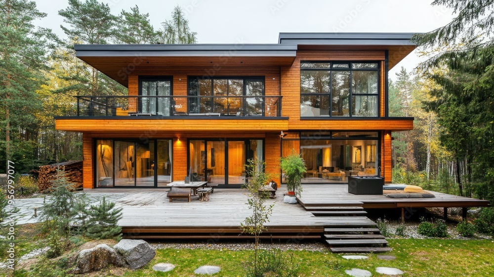 Naklejka premium Beautiful modern wooden house with a loft-style exterior, a terrace, and a sauna, offering luxury and relaxation in a natural setting.