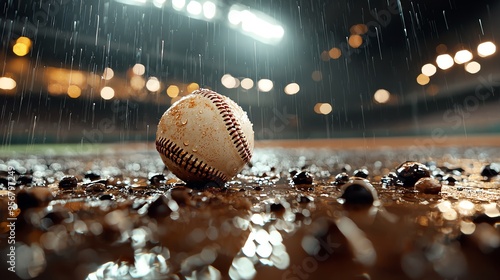 Baseball stadium under heavy rain, bright lights reflecting off wet surfaces, dramatic and dynamic landscape