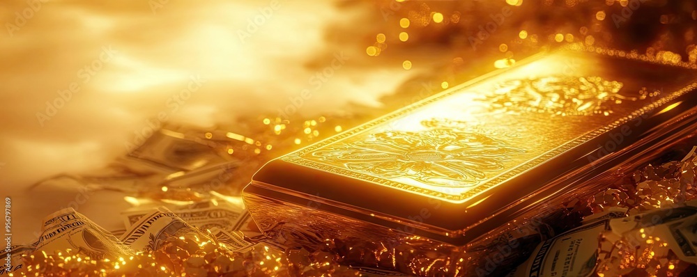 A luxurious gold bar resting on a bed of shimmering gold coins and banknotes, symbolizing wealth and prosperity. A luxurious gold bar resting on a bed of shimmering gold coins and banknotes, symbolizing wealth and prosperity.