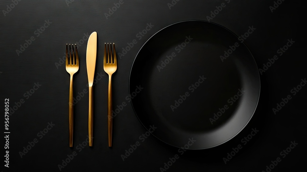Beautifully arranged gold knives and forks next to an empty black plate on a black background. The luxurious contrast highlights a modern dining experience. Beautifully arranged gold knives and forks next to an empty black plate on a black background. The luxurious contrast highlights a modern dining experience.