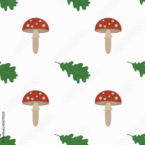Vector illustration of fly agaric mushroom and oak leaves