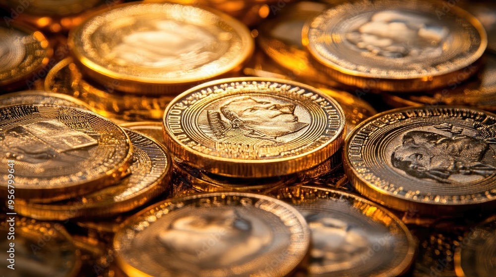 A close-up view of shiny gold coins arranged closely, showcasing their intricate details and reflecting warm light. A close-up view of shiny gold coins arranged closely, showcasing their intricate details and reflecting warm light.