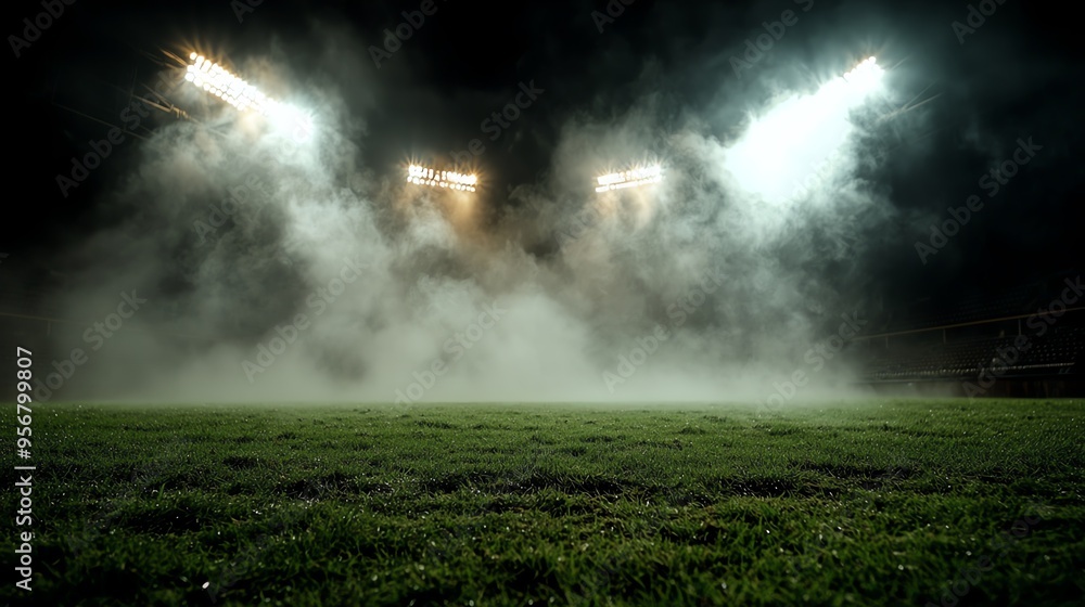 Stadium under dense fog, only upper lights and structures visible, creating a mysterious, floating effect Stadium under dense fog, only upper lights and structures visible, creating a mysterious, floating effect