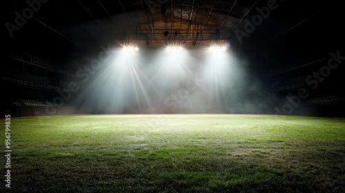 Stadium with a single spotlight on the center field, dark surroundings, creating a dramatic stagelike setting photo