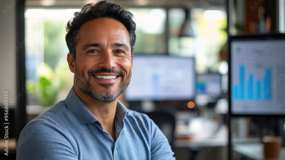 Fototapeta premium Hispanic Businessman, A confident Hispanic businessman is smiling at the camera while analyzing data in a modern office setting