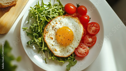 A balanced meal on a plate for breakfast with sunny-side-up egg, tomatoes, arugula salad on white table with shadow from window.