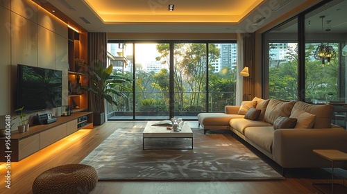 Modern living room with large windows, cozy sofa, elegant decor, and warm lighting, overlooking a lush green garden.