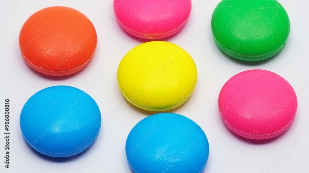 Colorful round candies scattered on a white background, bright and cheerful confectionery. Colorful round candies scattered on a white background, bright and cheerful confectionery.