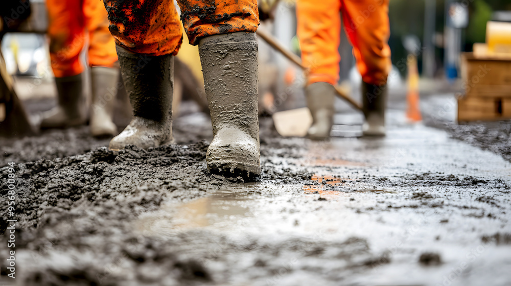 close-up of workers pouring and smoothing concrete for a new road surface close-up of workers pouring and smoothing concrete for a new road surface