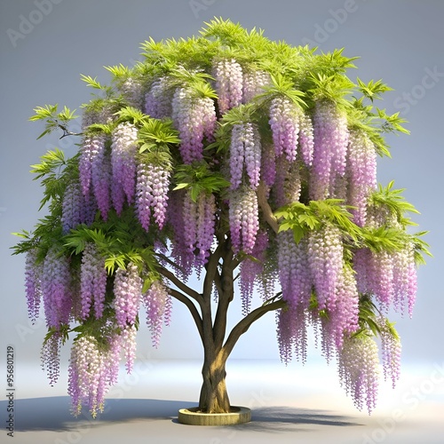 A stunning 3D illustration of a Chinkapin Oak tree bursting with vibrant. cascading purple wisteria flowers. photo