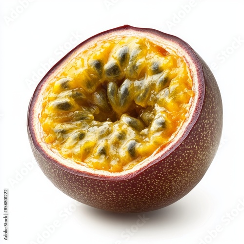 Half of a passion fruit with yellow flesh and black seeds on a white background.