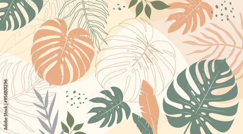 Tropical leaves background. Hand drawn leaves natural. monstera leaves. Design for fabric, textile, wallpaper, clothing, Shirt. floral element. Vector illustration