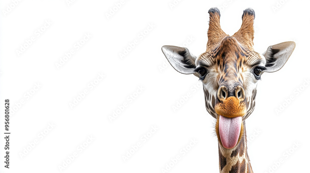 Obraz premium Giraffe Tongue, A funny photo of a giraffe playfully sticking out its long tongue, isolated on a white background for clear visibility and easy sharing