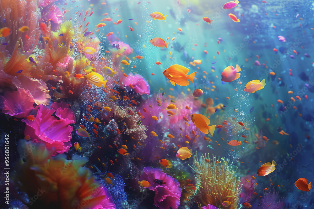 Vibrant colors explode underwater. Vibrant colors explode underwater.