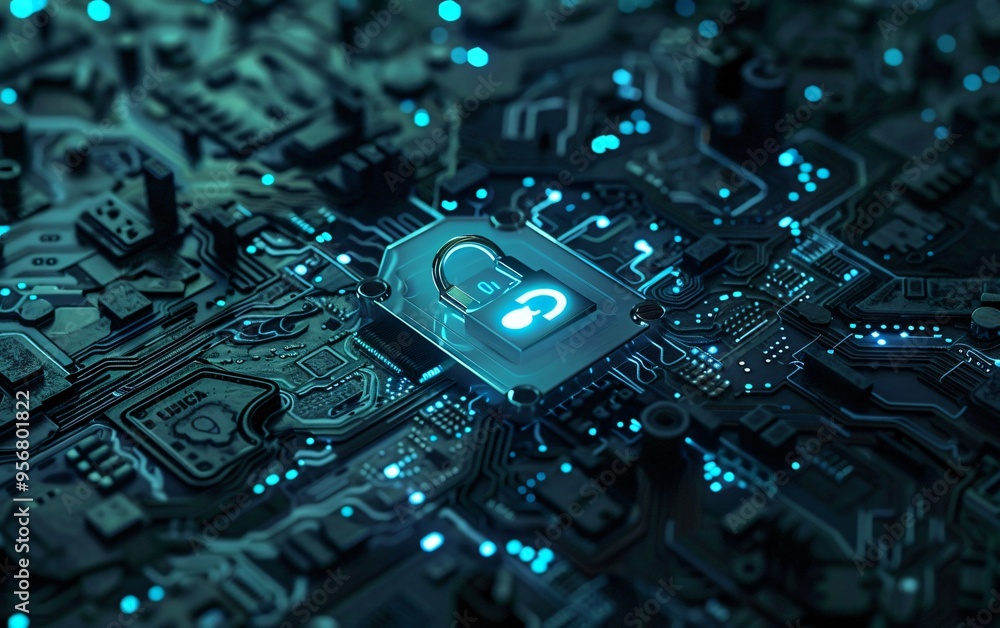 Cyber Security Lock on Circuit Board Cyber Security Lock on Circuit Board
