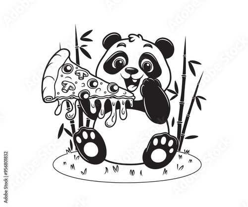 a cute cartoon panda cuddling and eating a bamboo stalk on a bamboo base, drawn in black and white ink, simple line art style, cheerful mood, round panda face with large eyes and happy expression