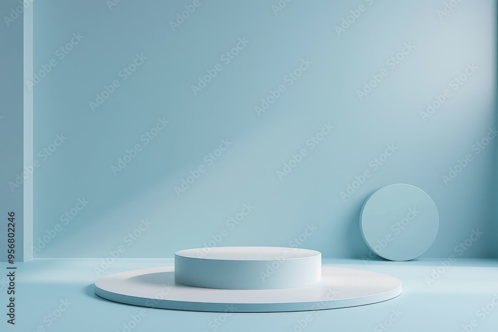 Minimalist Blue and White Circular Platform in a Room Minimalist Blue and White Circular Platform in a Room