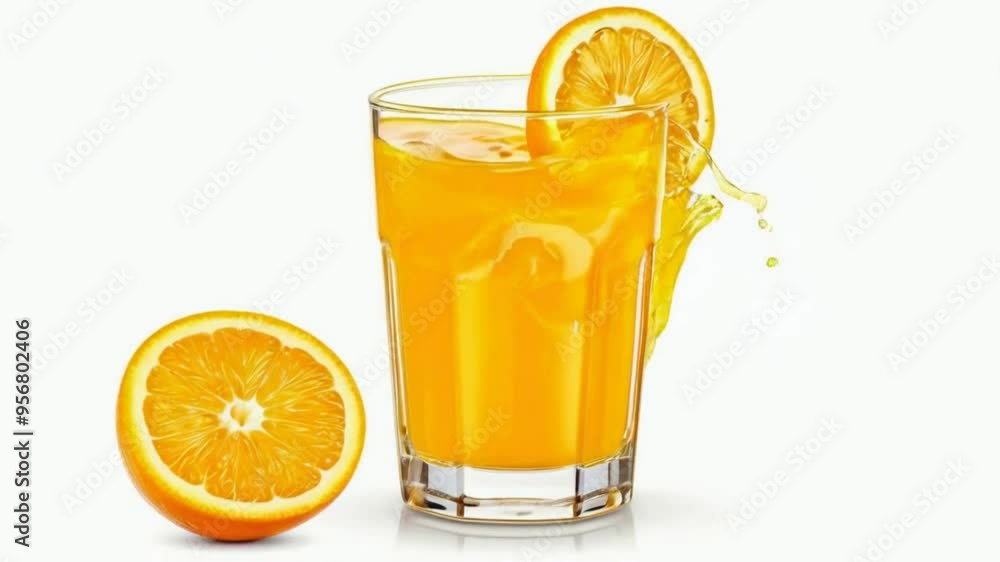 Orange juice is splashing in a glass with orange slices, isolated on a white background, flat lay. Orange juice is splashing in a glass with orange slices, isolated on a white background, flat lay.