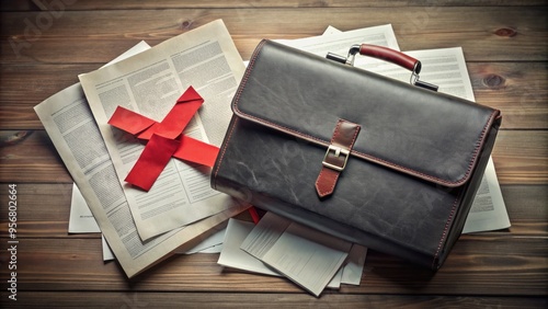 A broken briefcase with a red 