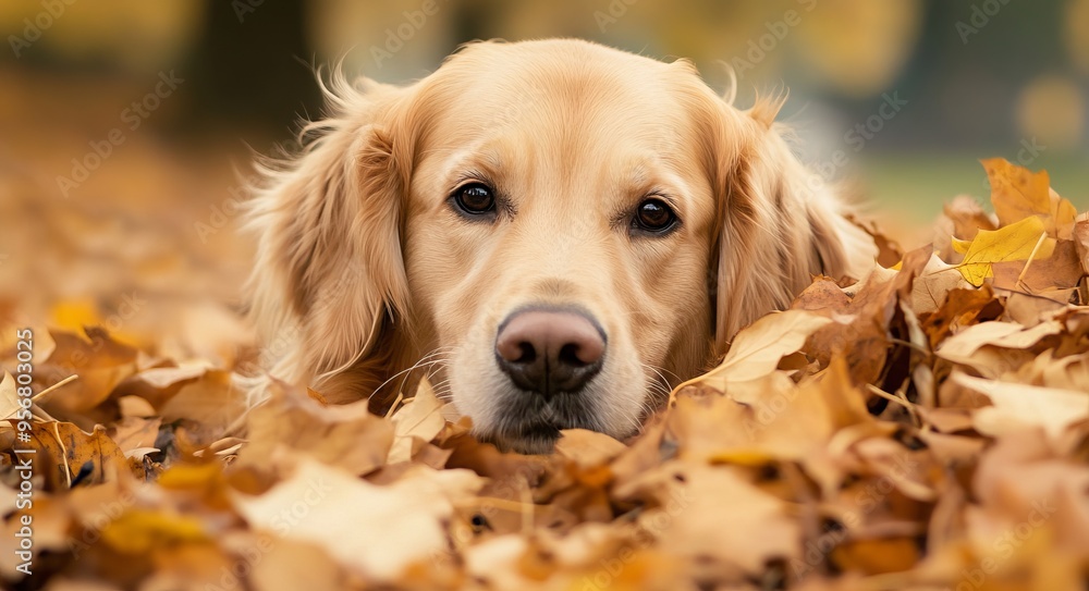 Golden Retriever Dog Playing in Autumn Leaves, AI generated illustration Golden Retriever Dog Playing in Autumn Leaves, AI generated illustration