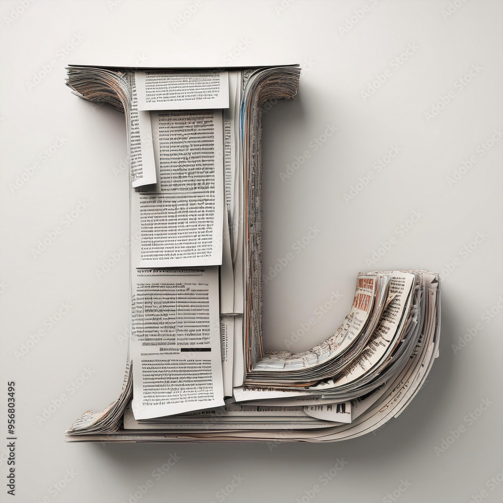 Alfabeto em recortes de folhas de jornal e revista, Letra L  fundo branco.