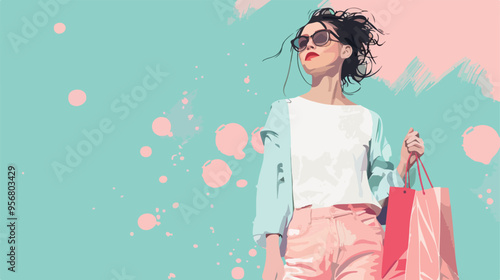 Stylized Woman Wearing Glasses Holding Shopping Bags