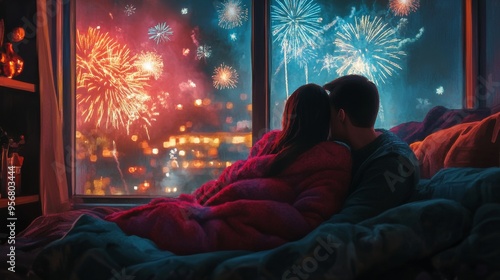 Couple cuddling on a couch, wrapped in a warm blanket, watching fireworks through a window