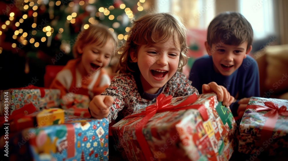 Fototapeta premium Happy children opening presents on New Years morning, surrounded by wrapping paper and joy