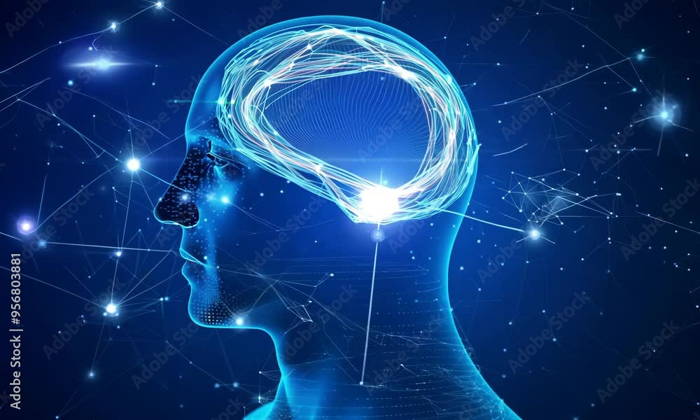 A digital profile of a human head featuring interconnected neural lines, representing artificial intelligence and technology, set against a starry blue background A digital profile of a human head featuring interconnected neural lines, representing artificial intelligence and technology, set against a starry blue background