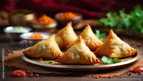 selective focus Samosa, Spiced potato-filled pastry, crispy, Savory, popular Indian snack serve with tomato.
