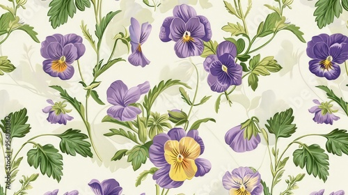 A seamless vintage botanical pattern with illustrations of delicate violets and pansies, rendered in soft purples and yellows against a cream background.