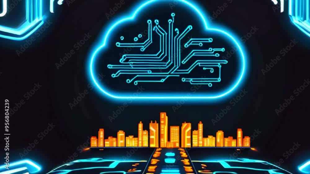 Neon cloud computing cityscape with glowing lines. Neon cloud computing cityscape with glowing lines.