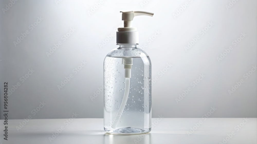 A clear plastic bottle of transparent antibacterial gel rests on a clean white surface, with a pump dispenser and a cap, ready for use. A clear plastic bottle of transparent antibacterial gel rests on a clean white surface, with a pump dispenser and a cap, ready for use.